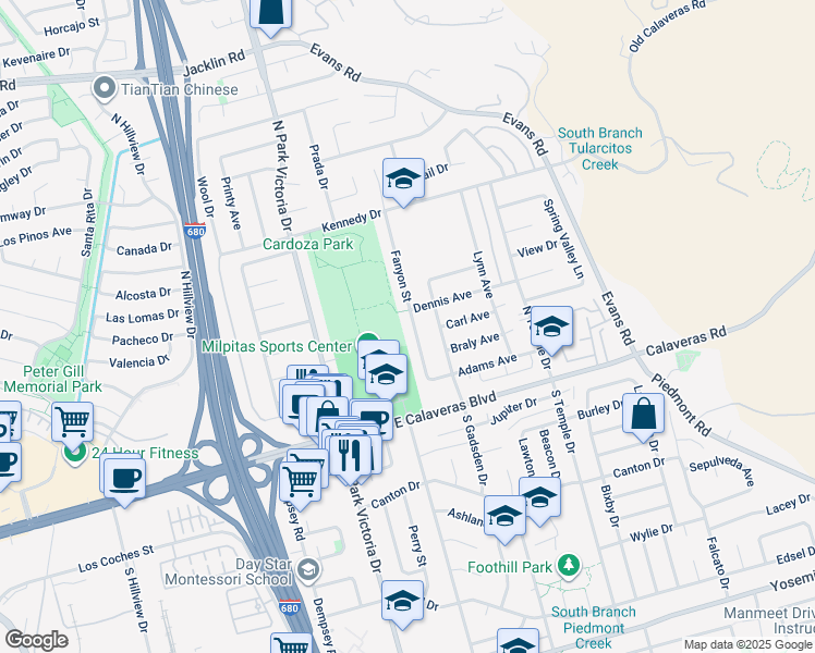 map of restaurants, bars, coffee shops, grocery stores, and more near 142 Fanyon Street in Milpitas