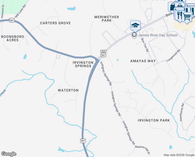 map of restaurants, bars, coffee shops, grocery stores, and more near 138 Irvington Springs Road in Lynchburg