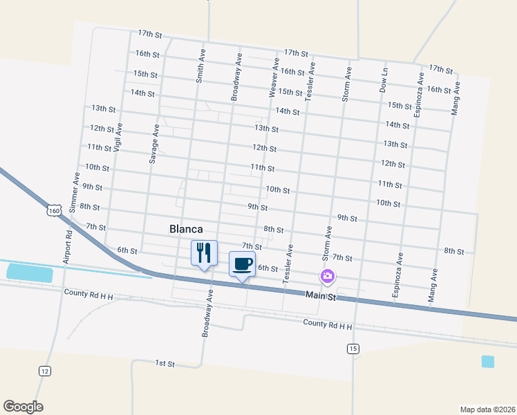 map of restaurants, bars, coffee shops, grocery stores, and more near 9th Street in Blanca