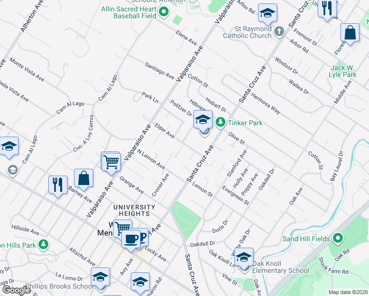 map of restaurants, bars, coffee shops, grocery stores, and more near 1219 Whitaker Way in Menlo Park