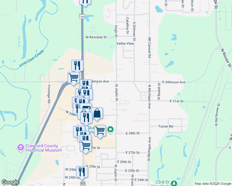 map of restaurants, bars, coffee shops, grocery stores, and more near 3041-3199 North Joplin Street in Pittsburg