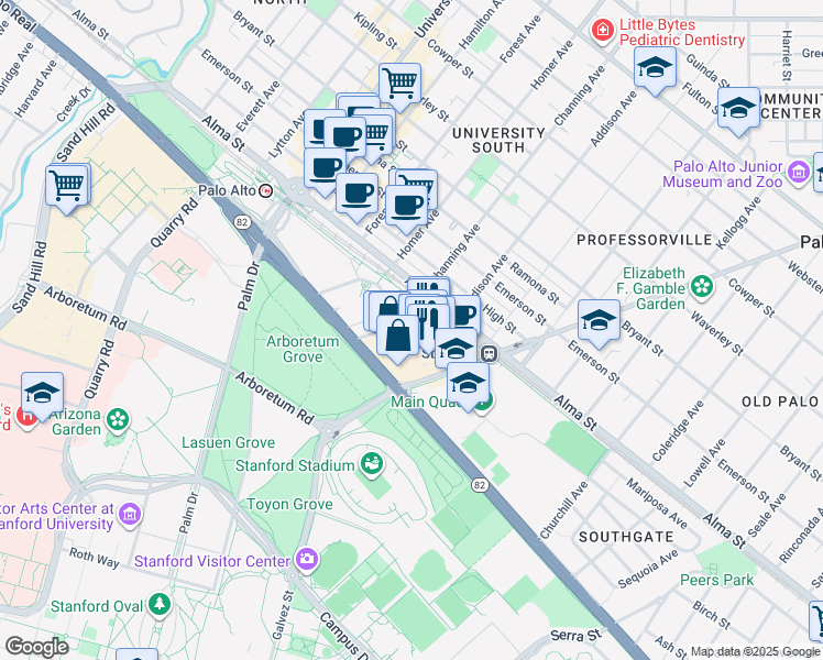 map of restaurants, bars, coffee shops, grocery stores, and more near 855 El Camino Real in Palo Alto