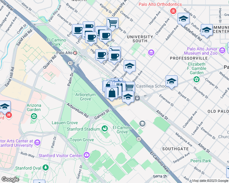 map of restaurants, bars, coffee shops, grocery stores, and more near 70 Encina Avenue in Palo Alto