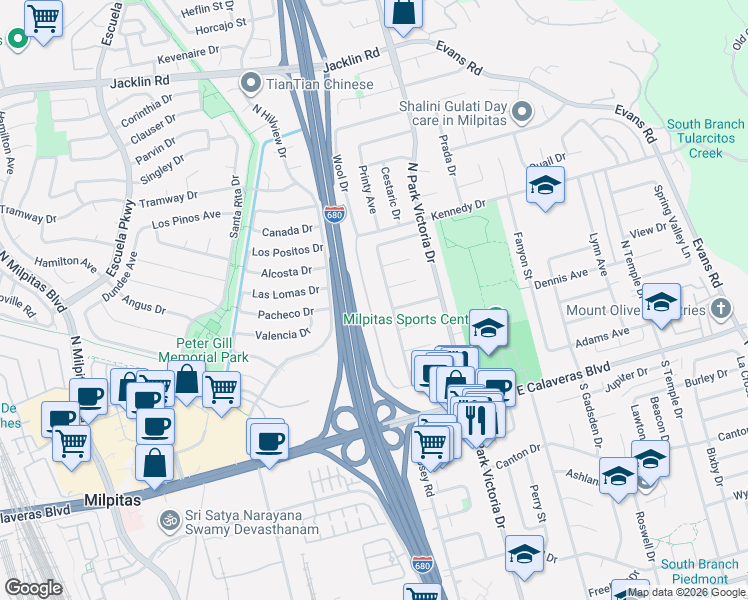 map of restaurants, bars, coffee shops, grocery stores, and more near 229 Ayer Lane in Milpitas