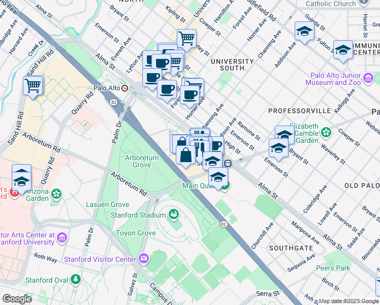 map of restaurants, bars, coffee shops, grocery stores, and more near 70 Encina Avenue in Palo Alto