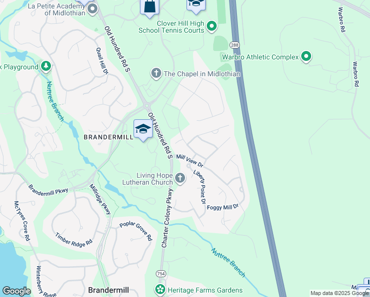 map of restaurants, bars, coffee shops, grocery stores, and more near 3700 Mill Meadow Drive in Midlothian