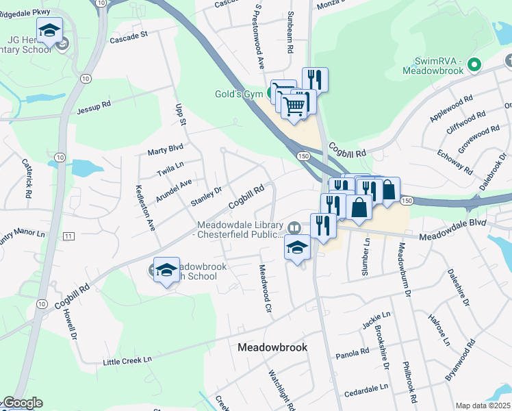 map of restaurants, bars, coffee shops, grocery stores, and more near 4426 Briarwood Drive in Richmond