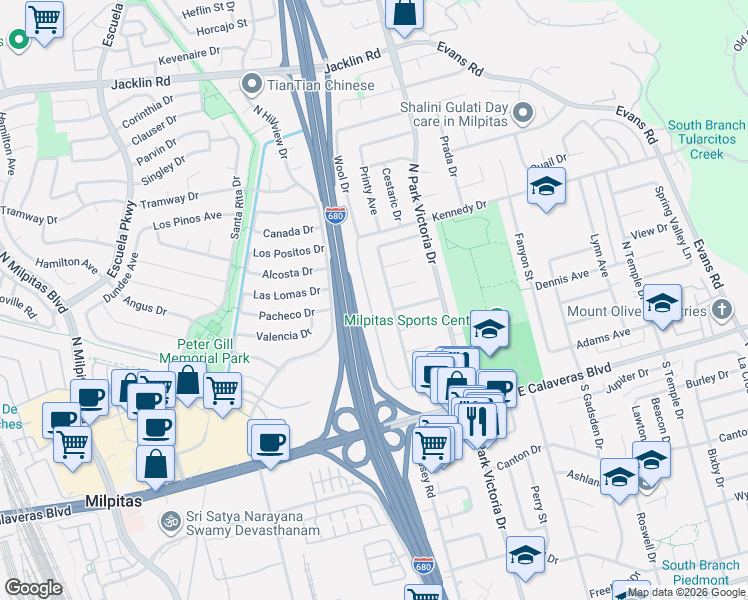 map of restaurants, bars, coffee shops, grocery stores, and more near 229 Ayer Lane in Milpitas