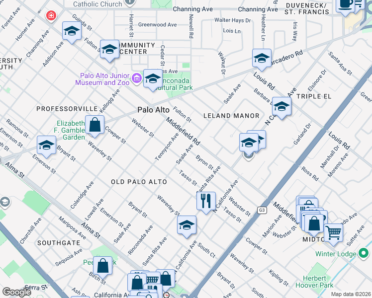 map of restaurants, bars, coffee shops, grocery stores, and more near 600 Seale Avenue in Palo Alto