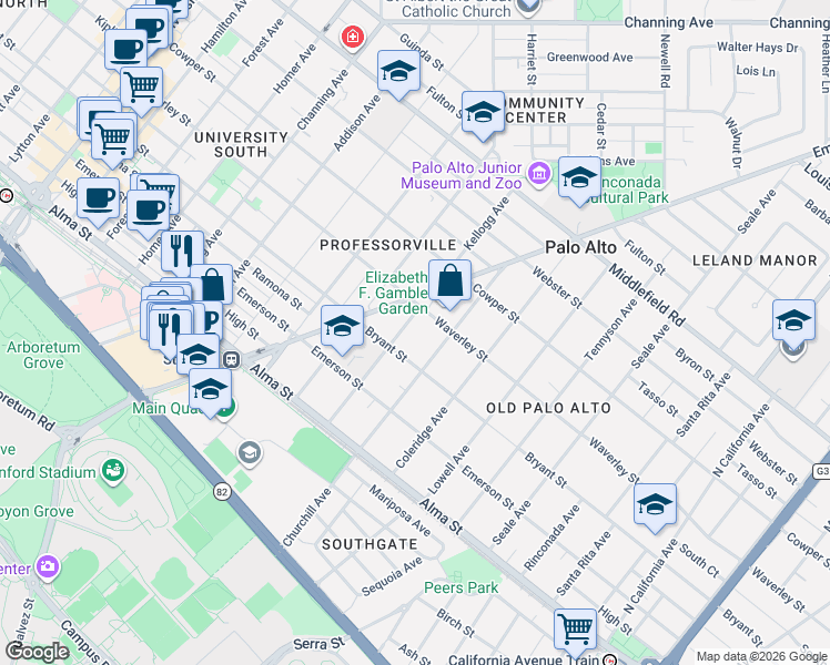 map of restaurants, bars, coffee shops, grocery stores, and more near 1400 Waverley Street in Palo Alto