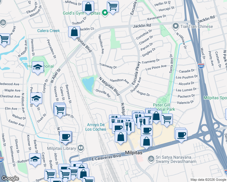 map of restaurants, bars, coffee shops, grocery stores, and more near 581 Hamilton Avenue in Milpitas