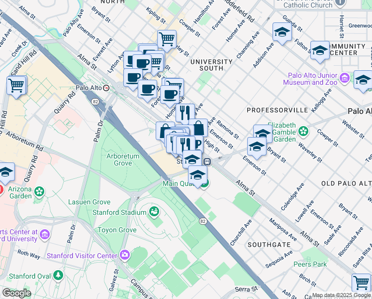 map of restaurants, bars, coffee shops, grocery stores, and more near 917 Alma Street in Palo Alto