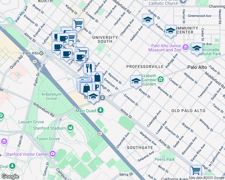 map of restaurants, bars, coffee shops, grocery stores, and more near 1127 High Street in Palo Alto