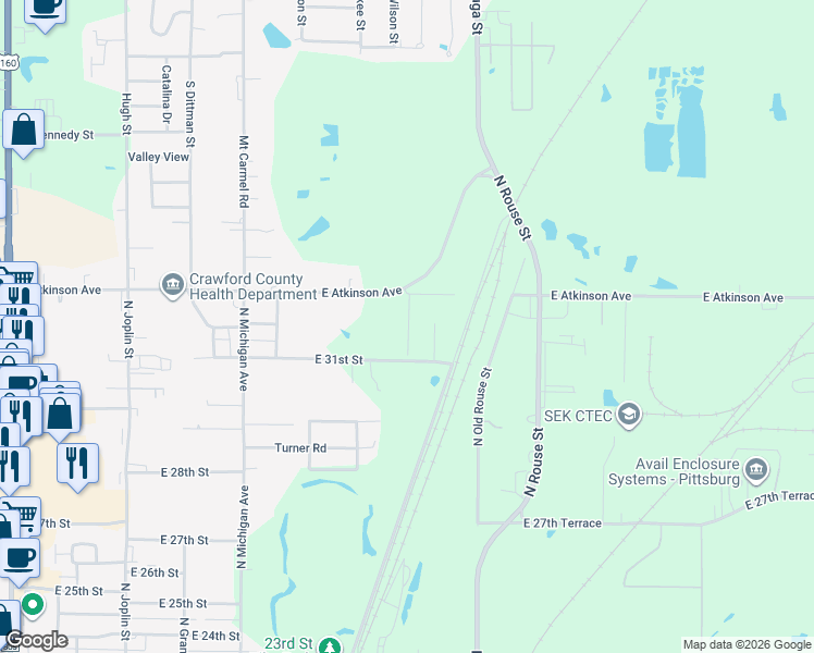 map of restaurants, bars, coffee shops, grocery stores, and more near 824 East Atkinson Avenue in Pittsburg
