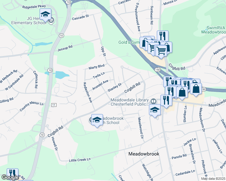 map of restaurants, bars, coffee shops, grocery stores, and more near 4719 Stanley Drive in Richmond