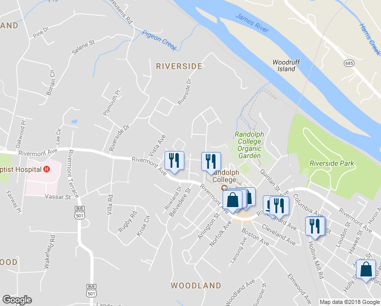 map of restaurants, bars, coffee shops, grocery stores, and more near 20 West Princeton Circle in Lynchburg