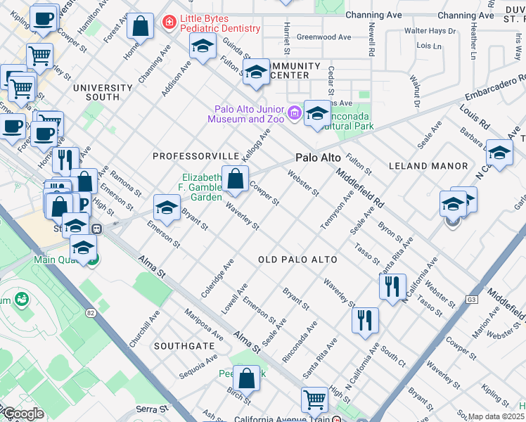 map of restaurants, bars, coffee shops, grocery stores, and more near 435 Coleridge Avenue in Palo Alto