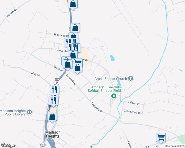 map of restaurants, bars, coffee shops, grocery stores, and more near 140 South Oak Drive in Madison Heights