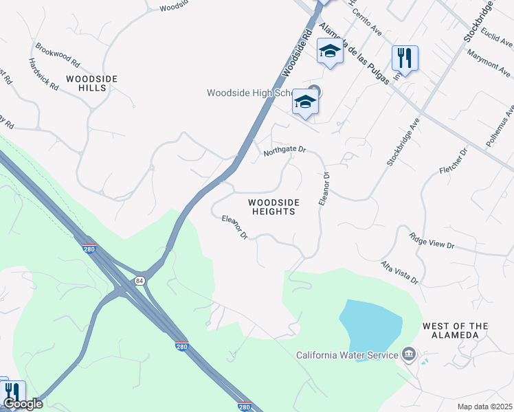 map of restaurants, bars, coffee shops, grocery stores, and more near 169 Eleanor Drive in Woodside