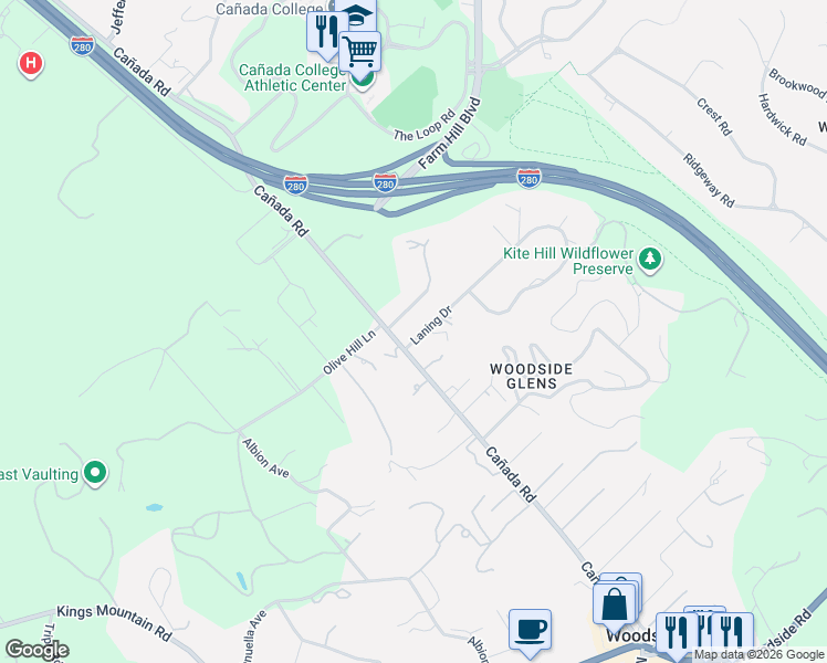 map of restaurants, bars, coffee shops, grocery stores, and more near 115 Laning Drive in Woodside
