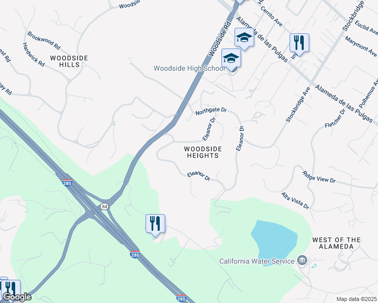 map of restaurants, bars, coffee shops, grocery stores, and more near 169 Eleanor Drive in Redwood City