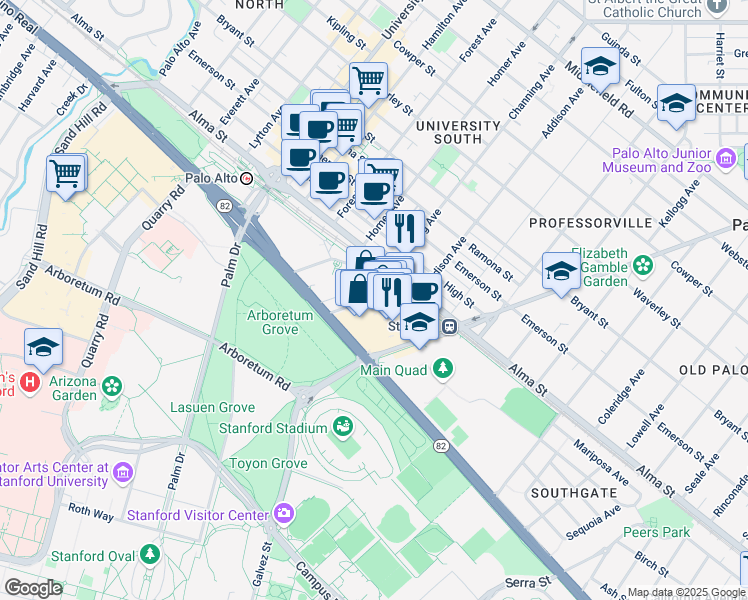 map of restaurants, bars, coffee shops, grocery stores, and more near 75 Encina Avenue in Palo Alto