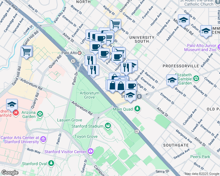 map of restaurants, bars, coffee shops, grocery stores, and more near in Palo Alto