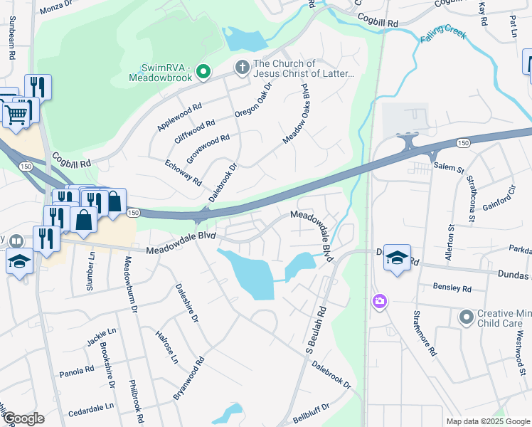 map of restaurants, bars, coffee shops, grocery stores, and more near 3516 Luckylee Crescent in Richmond