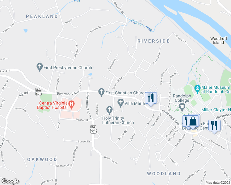 map of restaurants, bars, coffee shops, grocery stores, and more near 817 Pershing Avenue in Lynchburg