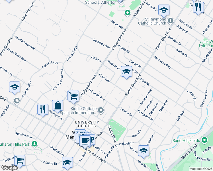 map of restaurants, bars, coffee shops, grocery stores, and more near 1301 Elder Avenue in Menlo Park