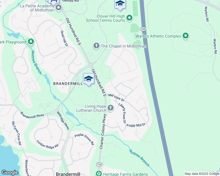 map of restaurants, bars, coffee shops, grocery stores, and more near 12907 Mill Meadow Court in Midlothian