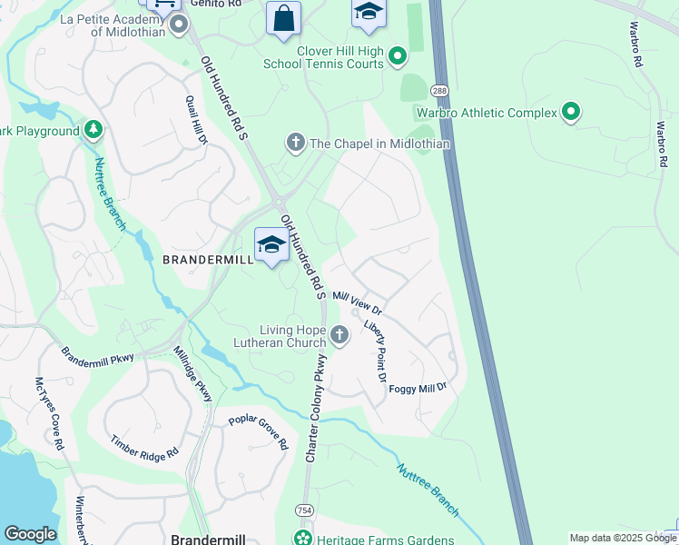 map of restaurants, bars, coffee shops, grocery stores, and more near 12907 Mill Meadow Court in Midlothian