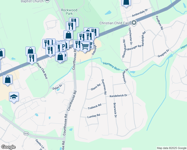 map of restaurants, bars, coffee shops, grocery stores, and more near 3829 Oxbridge Road in Richmond