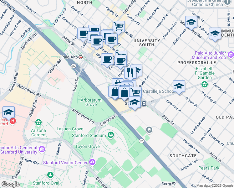map of restaurants, bars, coffee shops, grocery stores, and more near 75 Encina Avenue in Palo Alto