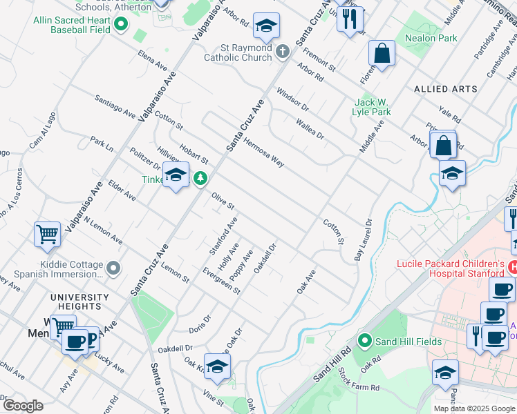 map of restaurants, bars, coffee shops, grocery stores, and more near 780 Hobart Street in Menlo Park
