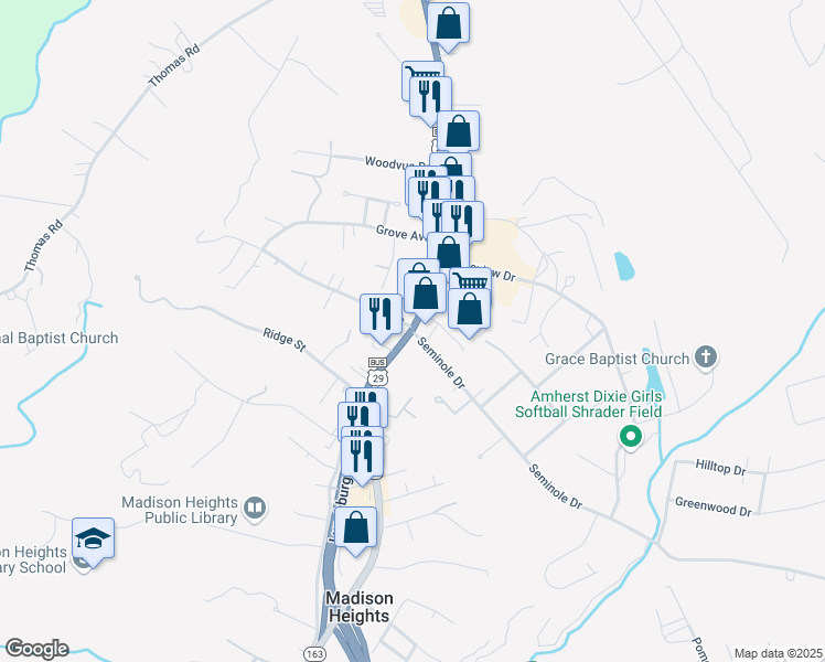 map of restaurants, bars, coffee shops, grocery stores, and more near 29 Seminole Drive in Madison Heights