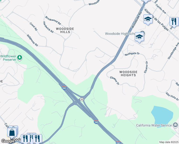 map of restaurants, bars, coffee shops, grocery stores, and more near 61 Oak Haven Way in Woodside