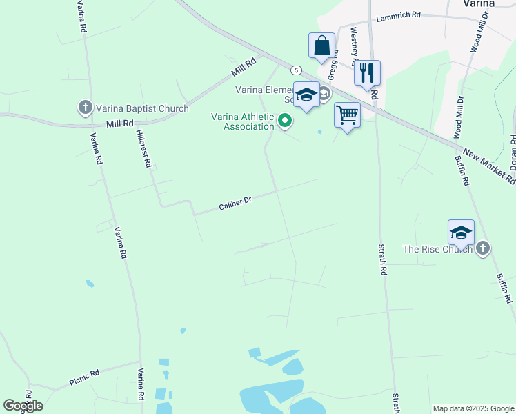 map of restaurants, bars, coffee shops, grocery stores, and more near 2421 Caliber Drive in Richmond