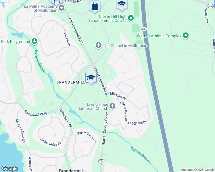 map of restaurants, bars, coffee shops, grocery stores, and more near 12918 Mill Meadow Court in Midlothian