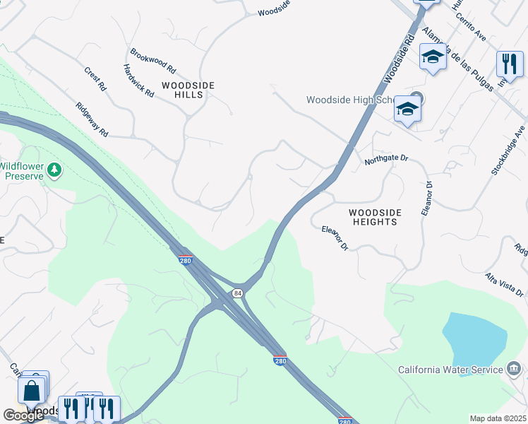 map of restaurants, bars, coffee shops, grocery stores, and more near 61 Oak Haven Way in Woodside