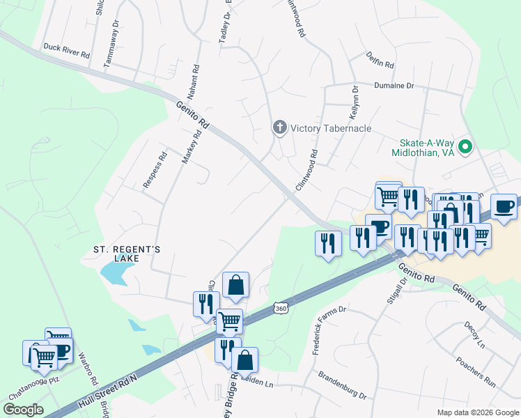 map of restaurants, bars, coffee shops, grocery stores, and more near 3510 Clintwood Road in Midlothian
