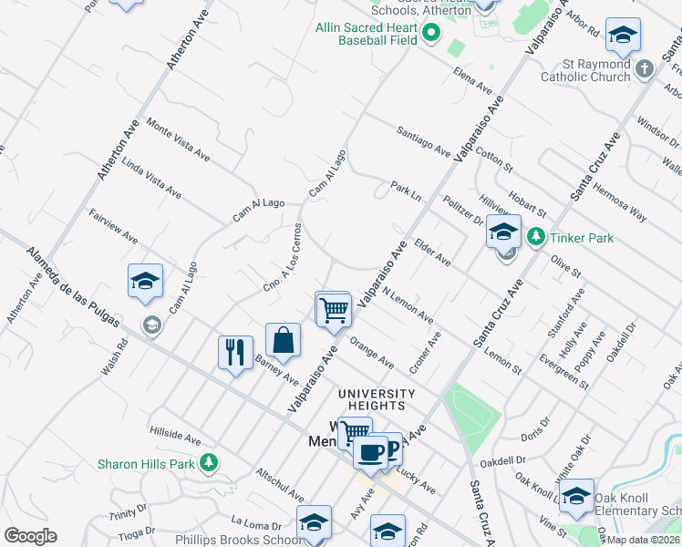 map of restaurants, bars, coffee shops, grocery stores, and more near 42 Camino Por Los Arboles in Atherton