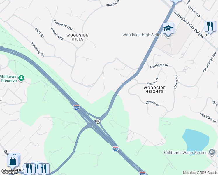 map of restaurants, bars, coffee shops, grocery stores, and more near 41 Oak Haven Way in Woodside