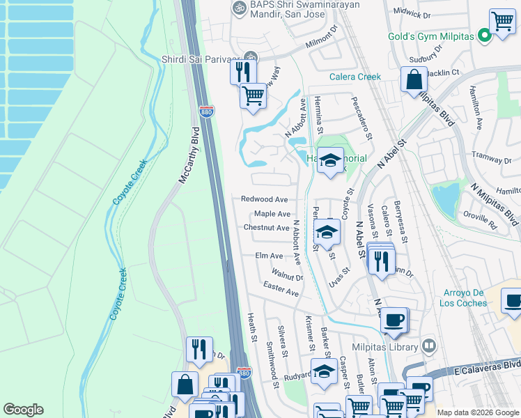 map of restaurants, bars, coffee shops, grocery stores, and more near 527 Maple Avenue in Milpitas