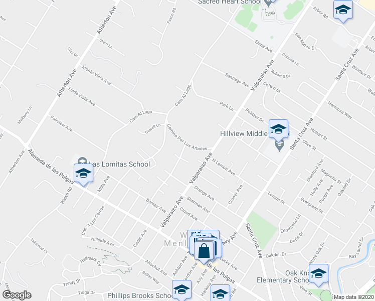 map of restaurants, bars, coffee shops, grocery stores, and more near 63 Camino Por Los Arboles in Atherton