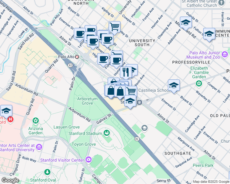 map of restaurants, bars, coffee shops, grocery stores, and more near 75 Encina Avenue in Palo Alto