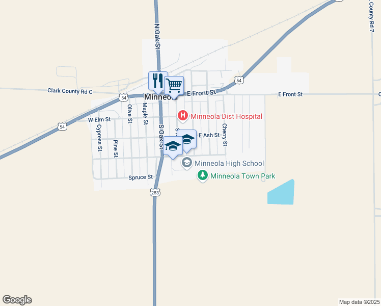 map of restaurants, bars, coffee shops, grocery stores, and more near 315 S Chestnut St in Minneola