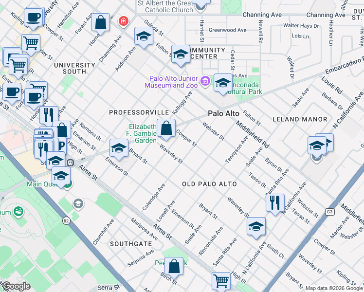 map of restaurants, bars, coffee shops, grocery stores, and more near 1500 Cowper Street in Palo Alto