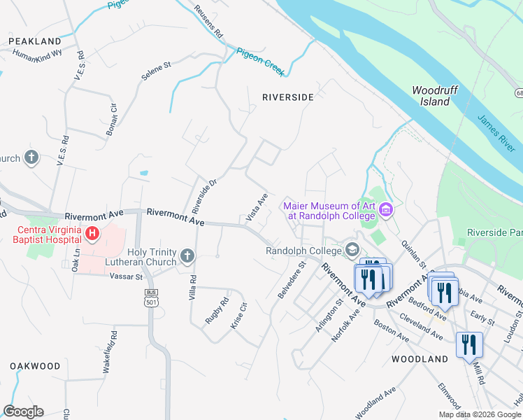 map of restaurants, bars, coffee shops, grocery stores, and more near 5 Vista Avenue in Lynchburg