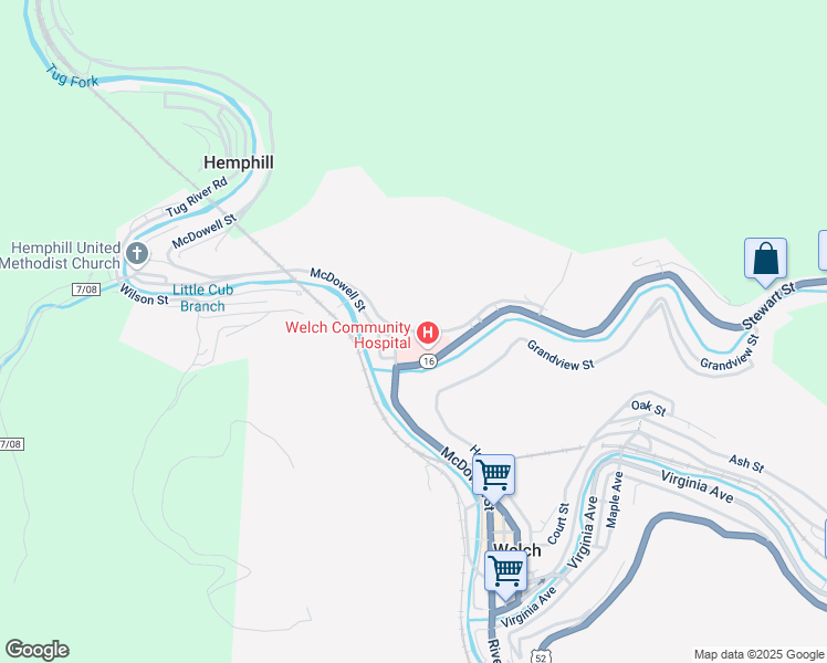 map of restaurants, bars, coffee shops, grocery stores, and more near Central Ave in Welch